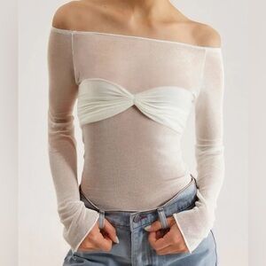 Commense Semi-Sheer Off-Shoulder Mesh Long Sleeve Top